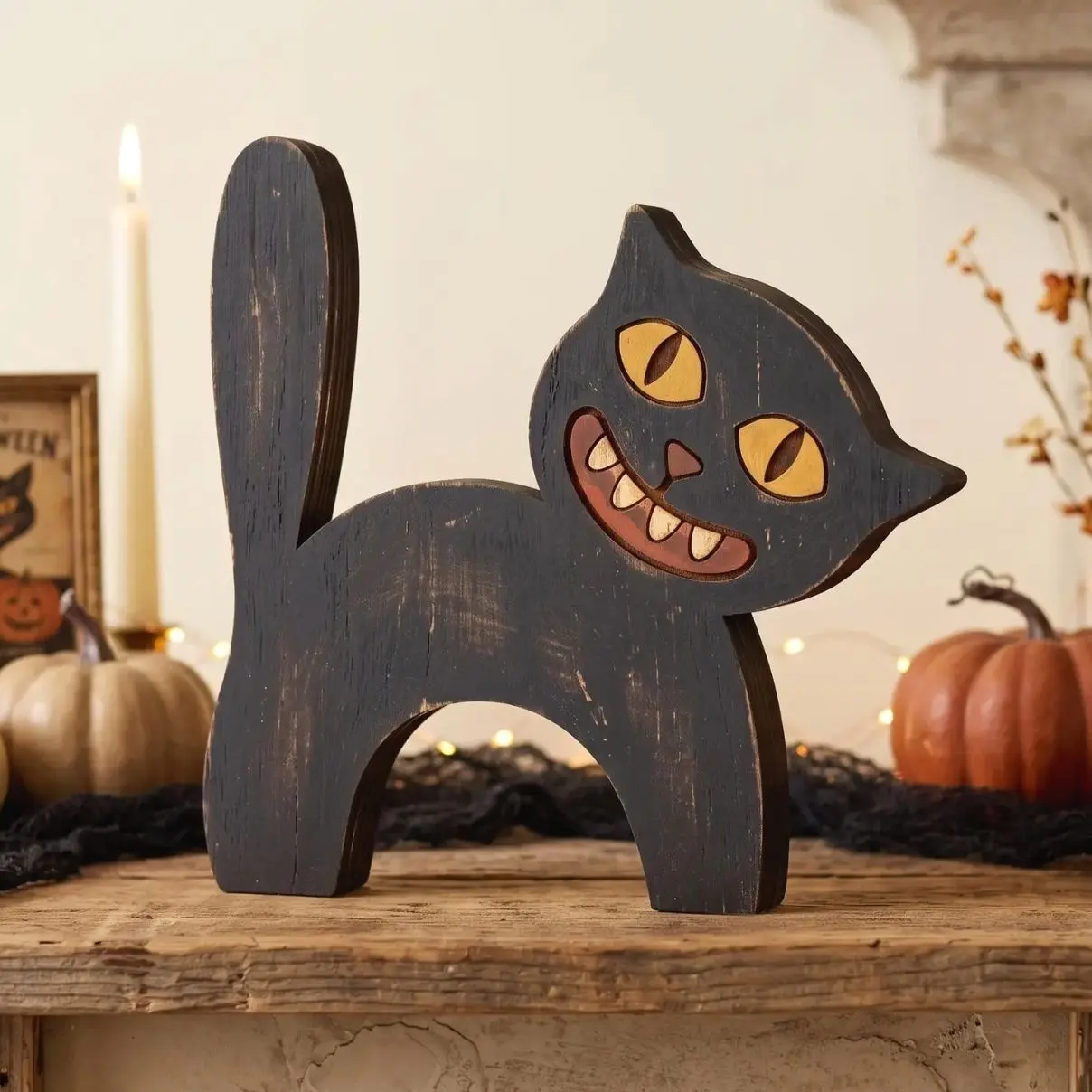 Vintage Halloween Decor Indoor, Retro Wooden Block for Shelf Decor,  Black Cat Halloween Decor, 90s Halloween Decorations, Housewarming Gift