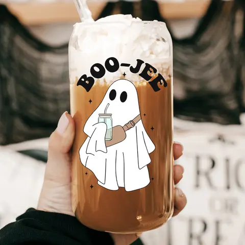 Boo-Jee 40oz Glass Tumbler with Handle, Bamboo Lid & Straw, Spooky Gift
