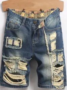 Men's Heavy-Duty Ripped Denim Shorts, Summer Vintage Washed Five-Quarter Pants, Hip Hop Street Style Fringe Hem Casual Mid-Thigh Jeans