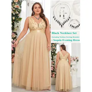 Elegant Plus Size Women Sequin A-Line Maxi Dress + Black Necklace, Sleeveless Double V-Neck Wedding Dresses for Formal Events