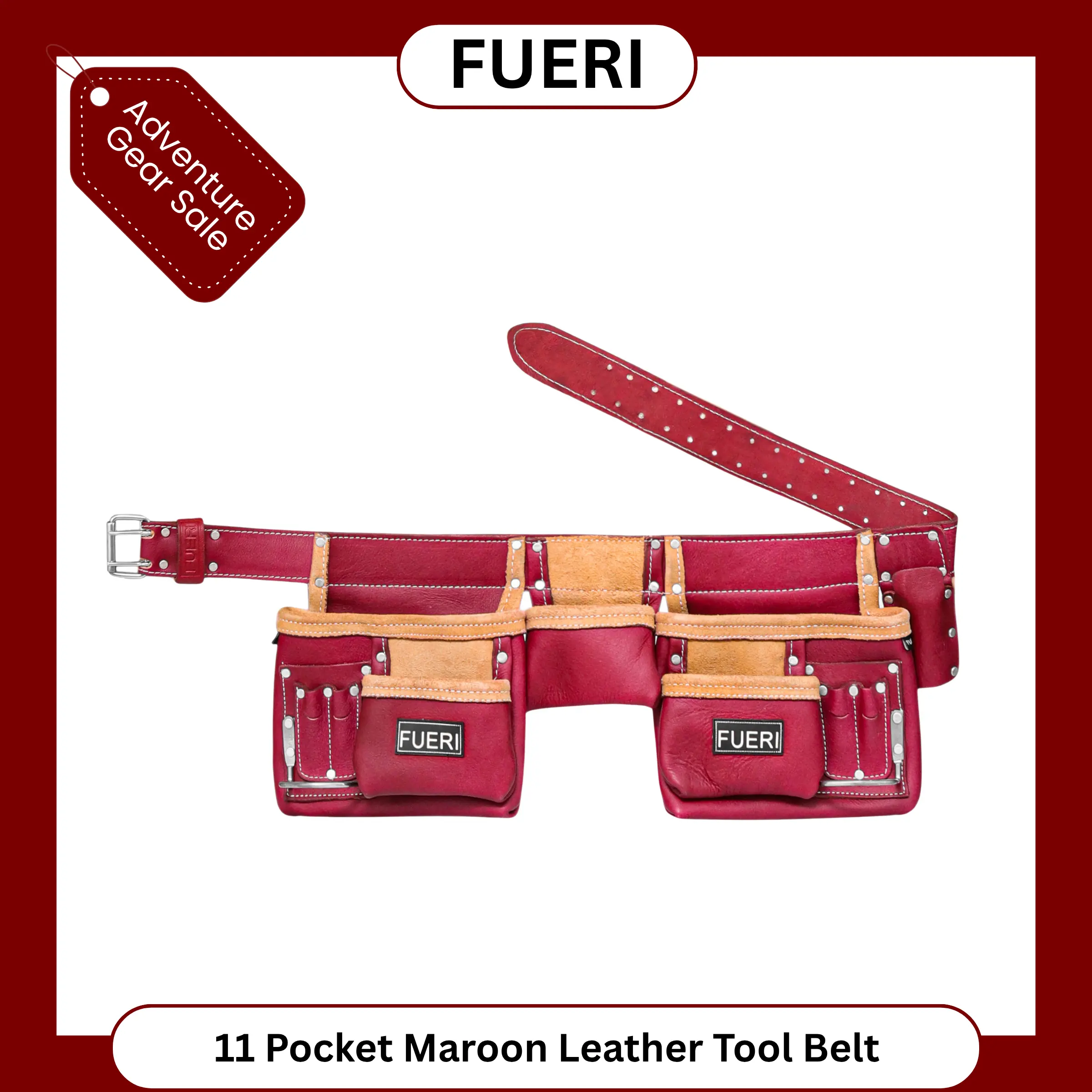 FUERI 11 Pockets Heavy Duty Construction Tool Belt Comes with 2 fix pouches with 2 hammer holders for Carpenter Organizer in Premium Split Leather for Efficient Tool Storage