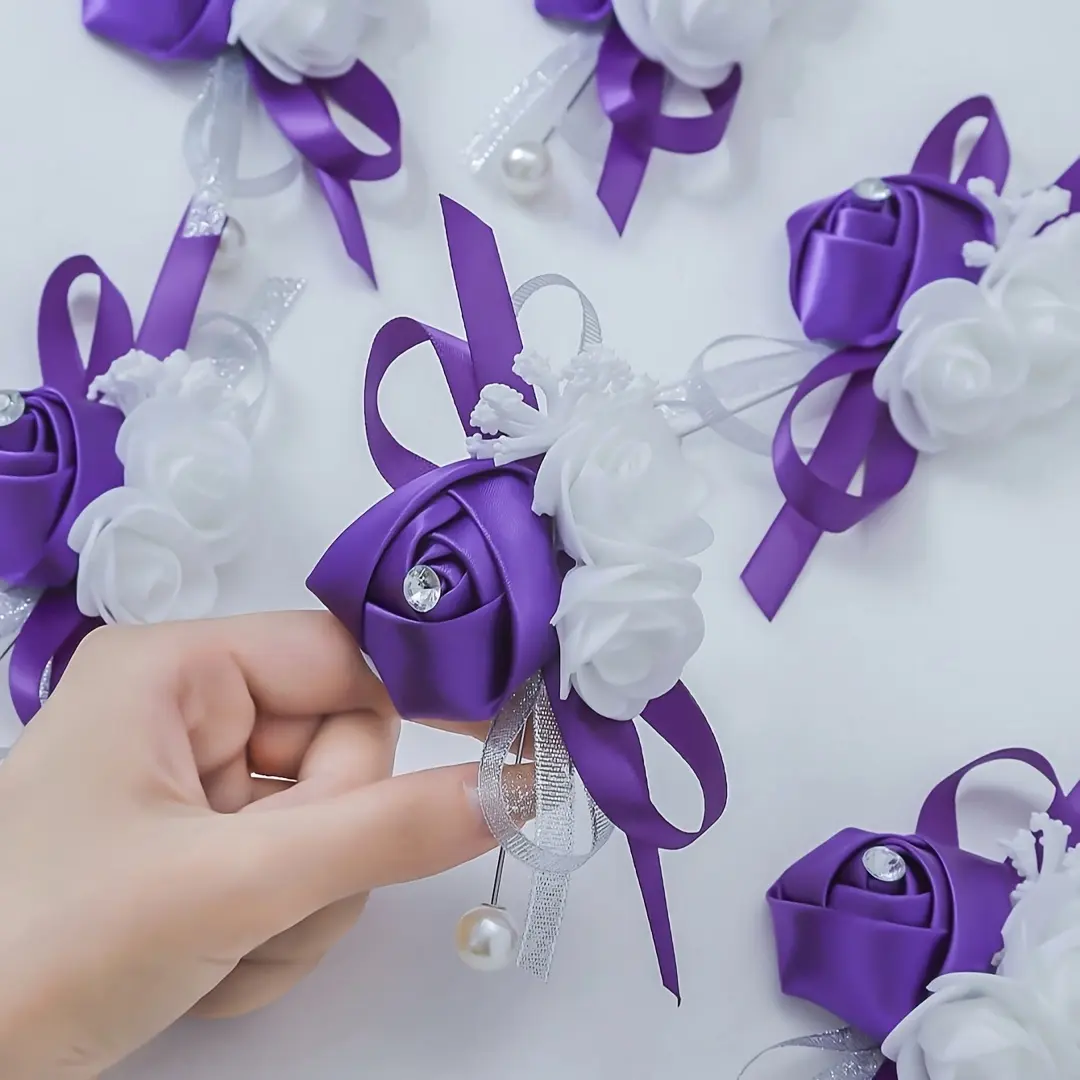 [Wedding, Parties, Travel] 6pcs Aesthetic Rose Flower With White Foam Flowers And 'S Breath Premium Corsage Set Suitable For Bride And Groom Wedding Decoration, Evening Events, Parties, And Travel