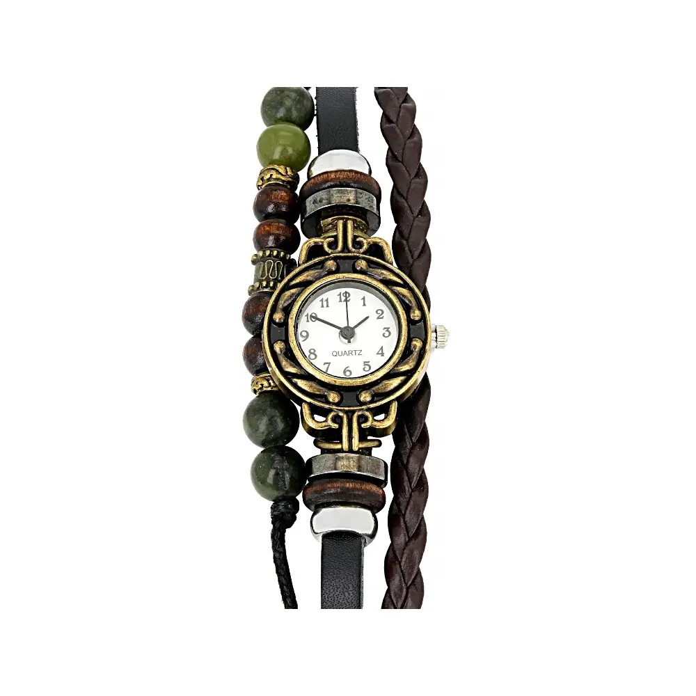 JTV Women's Fashion Watch - Antique Gold Tone, Connemara Marble, 8mm Leather Band, Adjustable Strap, Round Dial, Slide Closure Bracelet