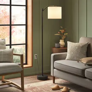 Downbridge Floor Lamp with Shade Black/Tan - Threshold: Ambient Light, Metal Base, Linen Drum