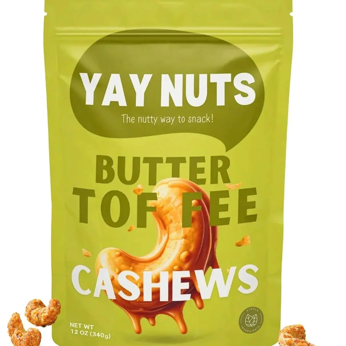 YAY NUTS Butter Toffee Cashews – All-Natural Sweet & Salty Snack, Crunchy Roasted Cashews Coated in Rich Caramelized Butter Toffee, Made in USA, Guilt-Free Snacking with Real Ingredients (Pack of 1 - 12 OZ)