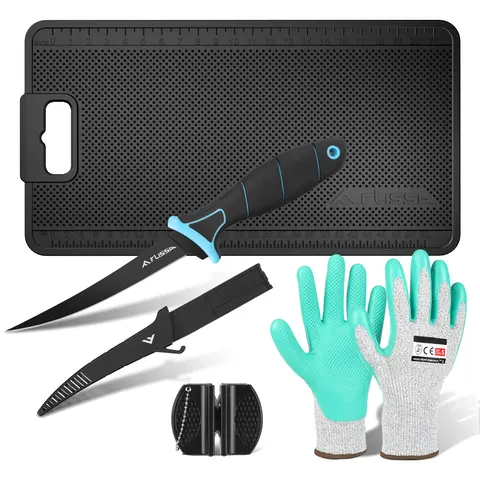 #toolupgrade FLISSA 4-Pack Fish Fillet Set with Fillet Knife, Foldable Fish Fillet Board with Clamp, Knife Sharpener and Cut Resistant Gloves, Fish Cleaning Kit for Easy Fish Cleaning, Filleting and Cutting