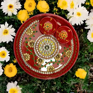 Radiant Red Aarti Thali with Beaded Bowls | Sacred Rituals & Gift-Giving Elegance | Perfect for Diwali, Weddings, Pooja Ceremonies