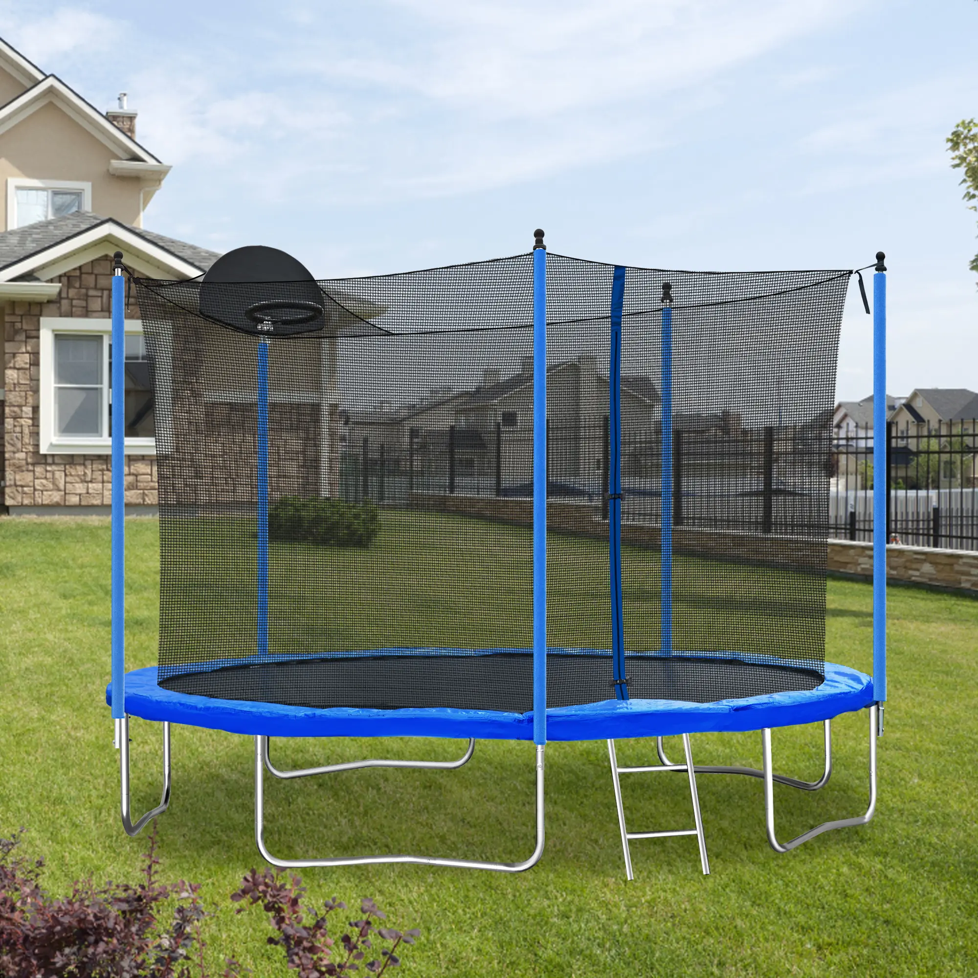 12FT trampoline with ladder & basketball hoop — perfect for family game nights! fun backyard active play quick connect frame enclosure net