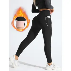 TCVC Winter Women's Leggings Thermal Lined Velvet High Waist Super Warm Pants with Side Pocket Design Antibacterial Effect Unmarked Edging Comfortable Stretchy Thermal Long Johns Womenswear solid high waist thermal Black Warmer