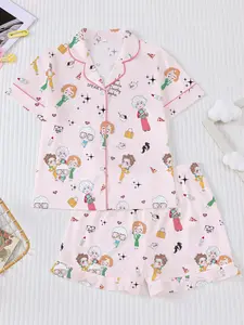 The Golden Girls Children's Pajama Set - Flame-Retardant New Short Sleeve Button-Up Shirt with Collar and Shorts, Cartoon Print Homewear, Suitable for Kids and Teenagers for Outdoor and Home Wear, Holiday Edition Pajamas