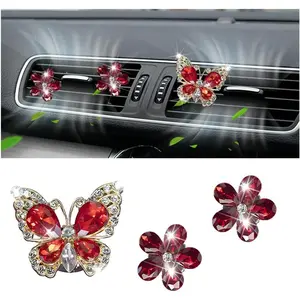 Butterfly Flower Car Air Vent Clip, 3PCS Crystal Rhinestone Diamond Cute Air Conditioning Outlet Ornaments, Auto Interior Dashboard Decoration, Compatible with Most Vehicle (Red)