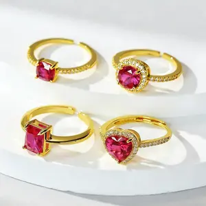 New love square diamond ruby ring, red corundum micro-set zircon ring, gold-plated ring jewelry