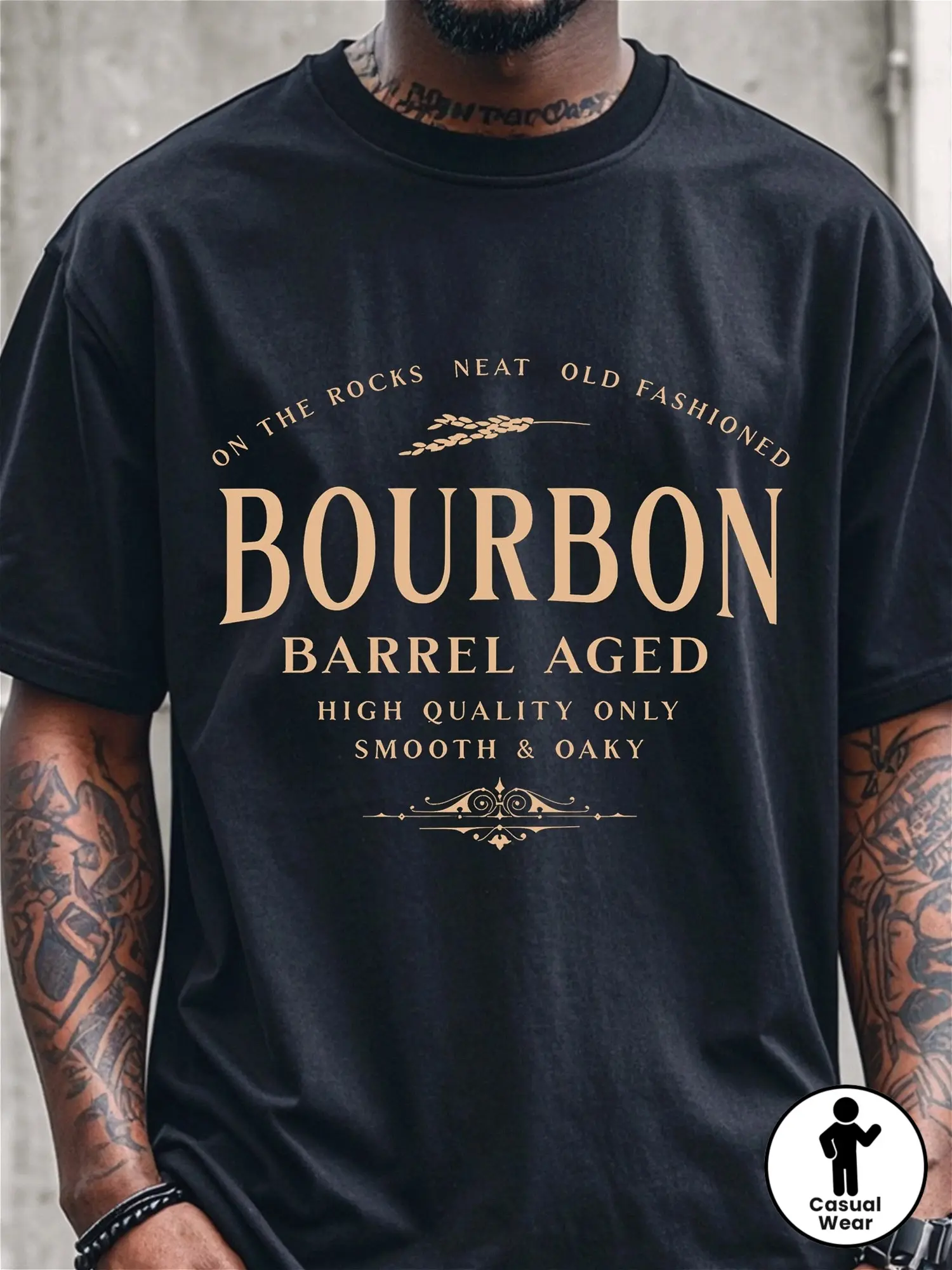 1pc Men'S  Quick-Dry Bourbon Graphic T-Shirt - Breathable Crew Neck Short Sleeve, Regular Fit Casual Shirt with Whiskey Design, All-Season for Casual Attire, Ideal Gift for Father'S Day, Mother'S Day & Christmas ( with Golden Lettering)
