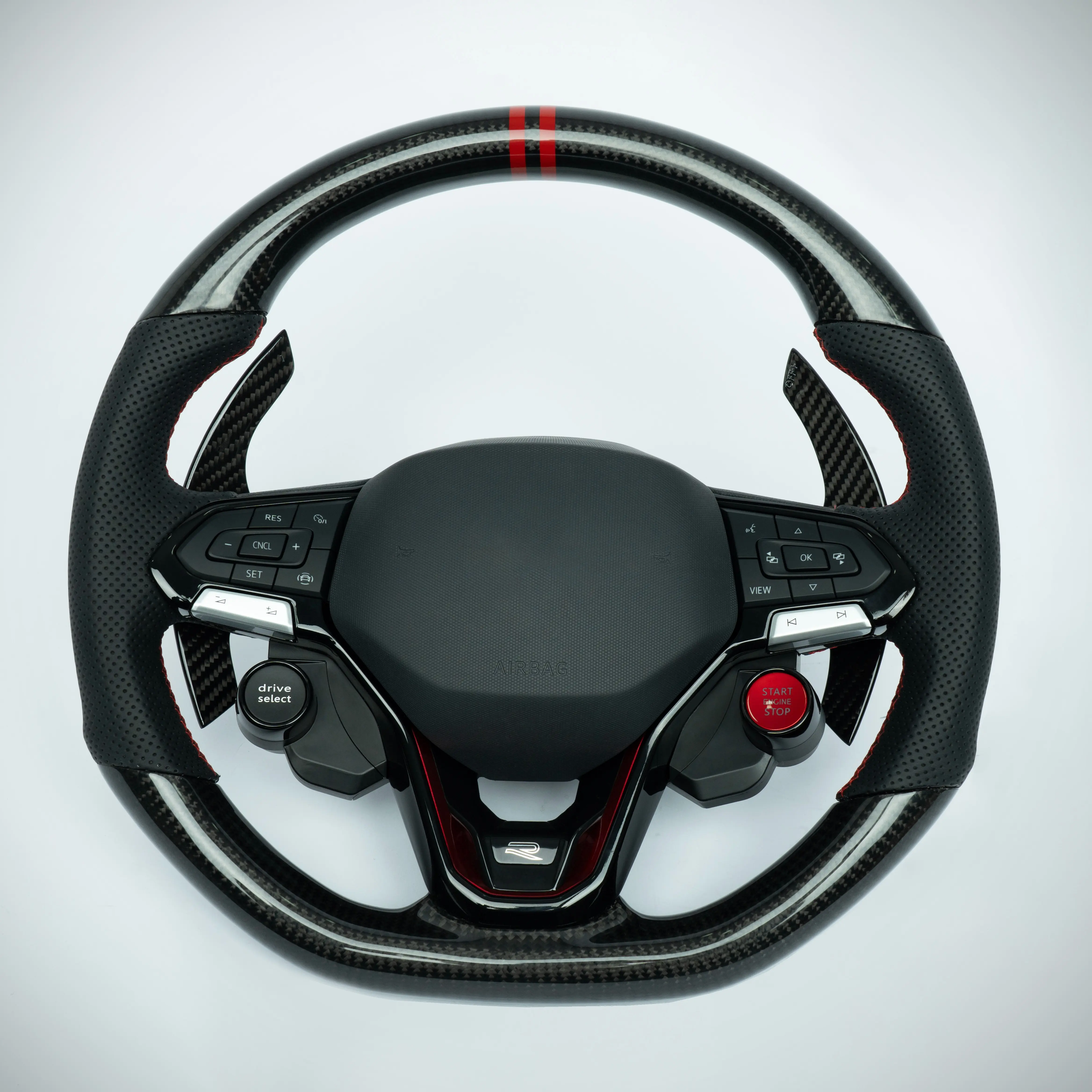 Gen 8 Golf R Carbon Fiber Steering Wheel - Carbon Fiber Rim, Perforated Leather Grip, Red Stitching, Red Center Marker, Drive Mode Select Button, Push to Start Button, No Airbag for Enhanced Driving, GT-R Style Steering Wheel Covers Compatible, Carbon Fib