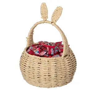 Wickerwise QI004723.N Hand-Woven Easter Bunny Ear Basket with Handle Multi-Purpose Paper Rope Wicker Basket for Easter, Picnics, Flowers, Food Storage, Party, and Home Decor, Nude