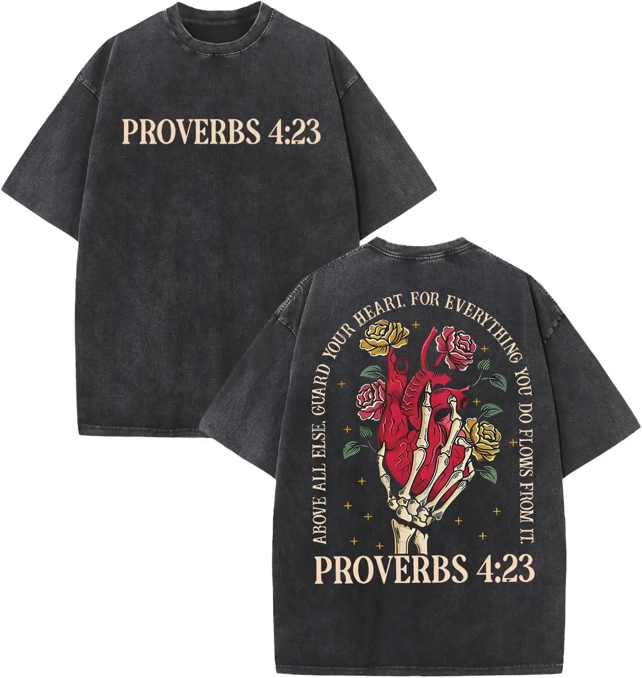 Men's Oversized Vintage Sacred Heart Graphic Shortsleeve T-Shirt - Heavy Washed Cotton, Distressed Streetwear Top, Figure