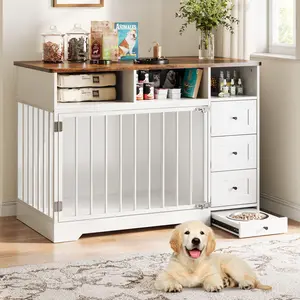 Garvee 48" Farmhouse Dog Crate Furniture End Table with Pull-Out Bowl & Storage Drawers, Heavy Duty Dog Kennel Furniture for Small & Medium Dogs Indoor Dogs House White