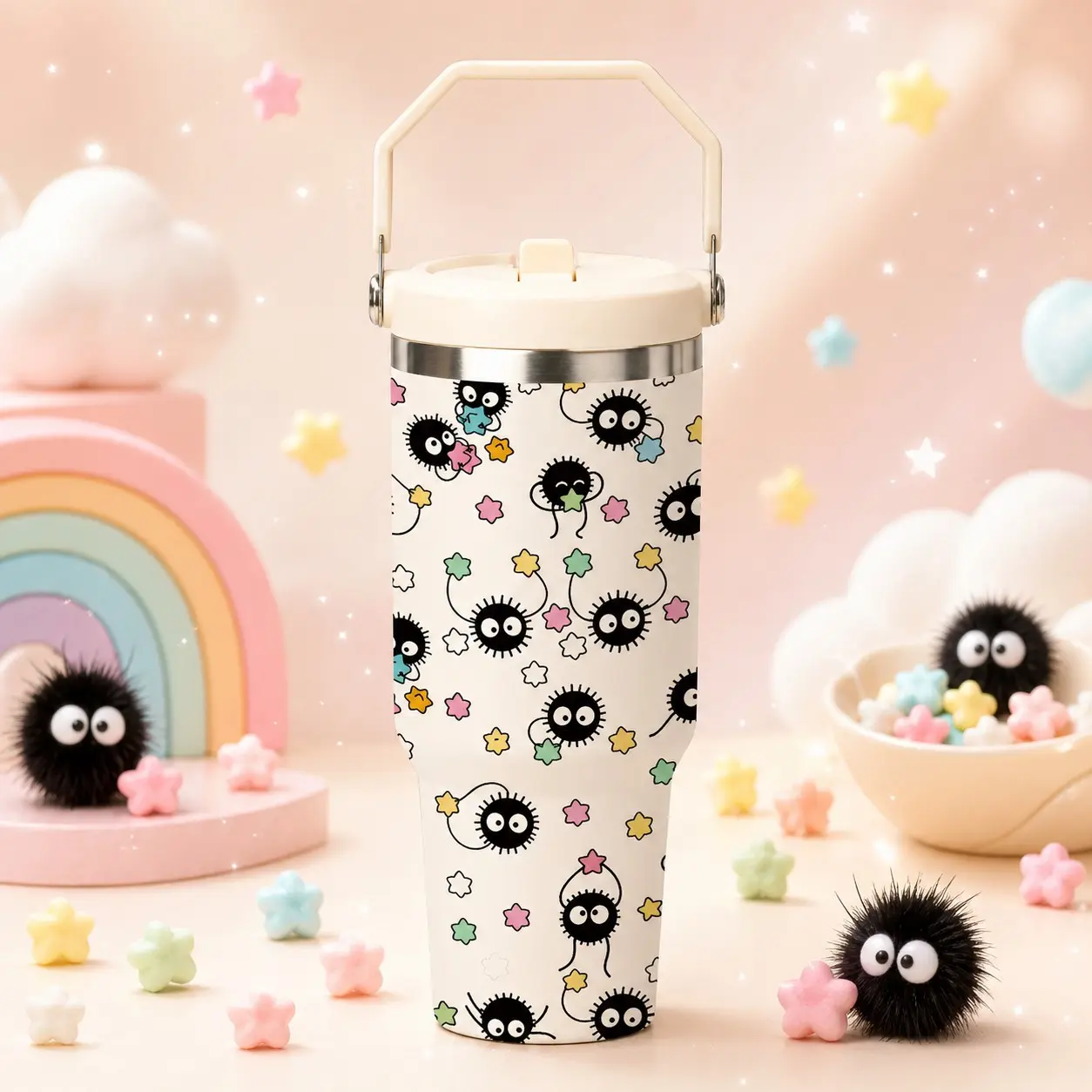 1 Pc Cute Soot Sprite Cartoon Stars Pattern 30oz Vacuum Insulated Tumbler Mug, Leakproof Tumbler, Double-Wall, Leak-Proof Lid, Hot 12h Cold 24h, Kawaii Anime Travel Drinkware, Christmas Birthday Gift for Women Men Girls Cute Lovers