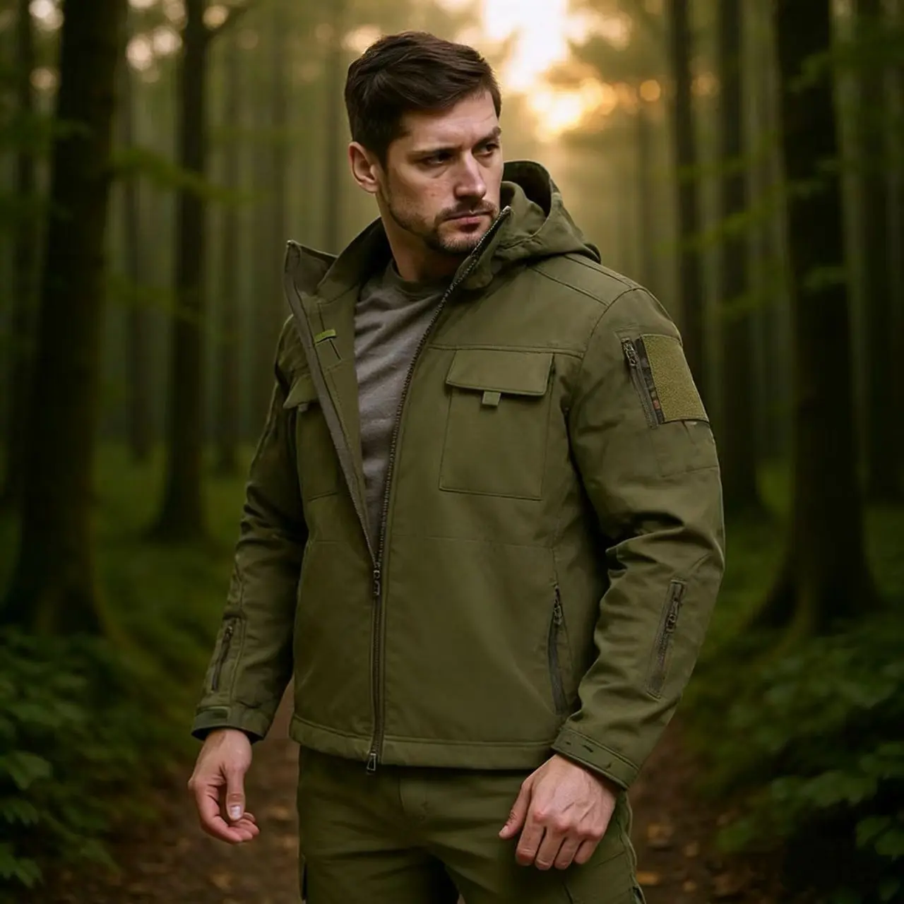 Men's Fall Winter Tactical Hooded Jacket, Multi Pocket Outdoor Work Coat, Windproof Soft Shell Utility Jacket