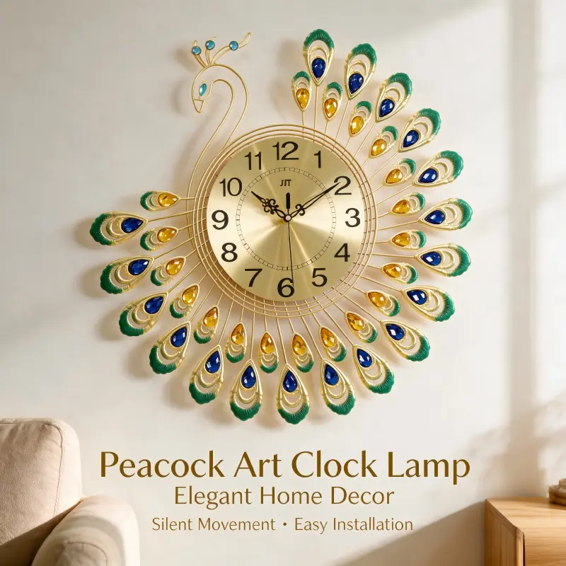 Shiny Large Silent Metal Peacock Wall Clock - Classic, Irregular Time Display Home Decor Accessory, Decorations for Room, for Living Room, Bedroom