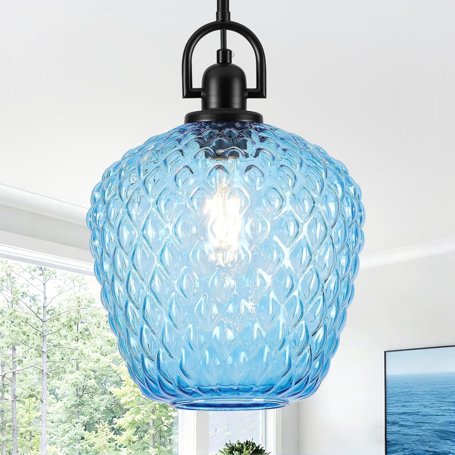 Large Glass Pendant Lights Kitchen Island, 10" 1-Light Black Fixtures with Blue Hammered Glass Modern Hanging Light for Kitchen Island Dining Room Entryway Foyer