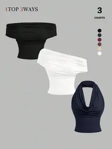 TFNOSIZ 3PACK  Women's Solid Color Draped Neck Versatile Fashion Tank Top 1 girl 3 outfits