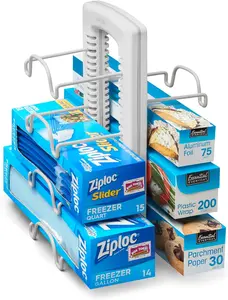 "SPECIAL PROMOTION" WrapStand, Adjustable Kitchen Wrap, Foil and Bag Box Organizer for Kitchen Cabinet and Pantry Storage, White Plastic Rack Installation Steel