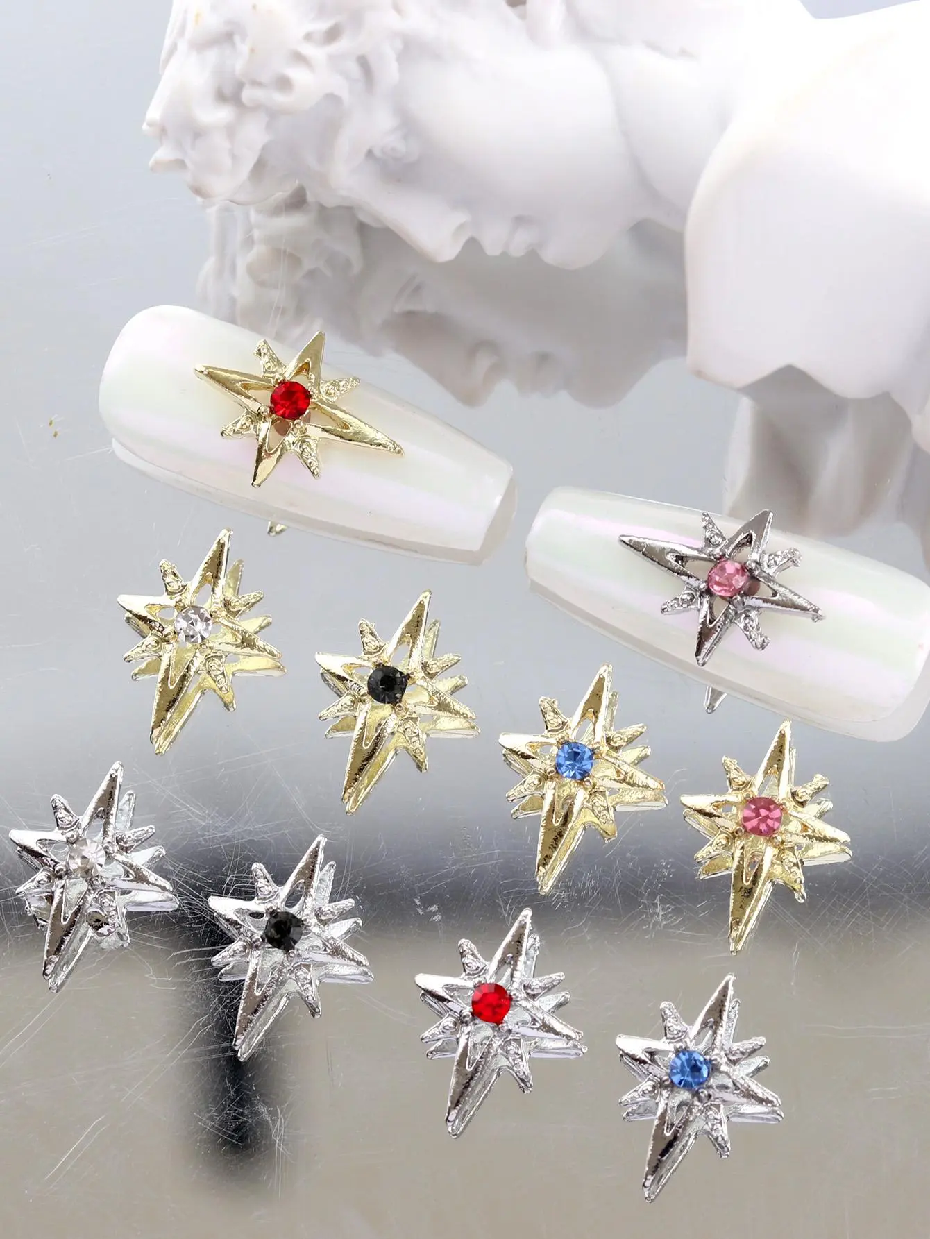 10pcs nail art accessories, featuring a sweet and cool luxury star-like sparkling pink nail jewels and rhinestone DIY