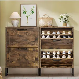 Shoe Cabinet with 2 Flip Drawers, Farmhouse Narrow Shoe Rack Organizer with Metal Legs, Brown