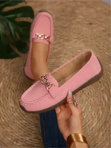 Must-Have for Wide Feet! Women's Casual Slip-On Loafers, Metal Chain Moccasin Flats, Cloud-Like Comfort Walking Shoes for Office & Commute, Casual Trendy Flat