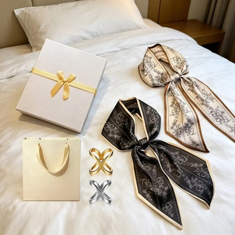 6Pcs Women's Fashion Scarf Set, Multipurpose Headscarf & Neck Scarf for Handbag Decoration, Comes with 2 Square Scarf Buckles, Exquisite Gift Box Packaging, Ideal Daily Wear & Gifting Accessory