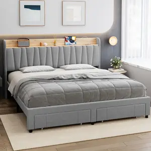 King Size Bed Frame with Storage Headboard and Charging Station, Upholstered Platform Bed Frame with Drawer, Mattress Foundation with Solid Wooden Slats Support, No Box Spring Needed, Light Grey