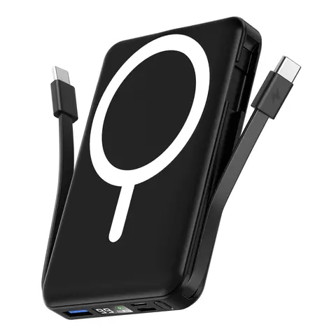Podoru 10000mAh Magnetic MagSafe Portable Charger - Compact Silicone EDC Gear, Wireless Fast Charging, LED Display, Dual USB-C Cables, USB Output, Multi-Device Out, Lightweight Black Smartphone Accessory for iPhone12-17 Series,sohochic