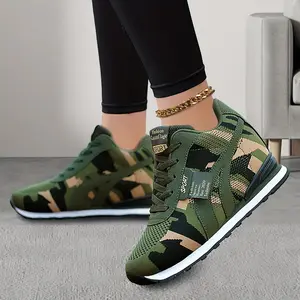 Women's Camo Athletic Trainer with Hidden Lift | Slip-On Lace-Up Low-Top Runner for Running & Training | Lightweight Breathable EVA Sole, Military Green Camo, All-Season Comfort for Girls