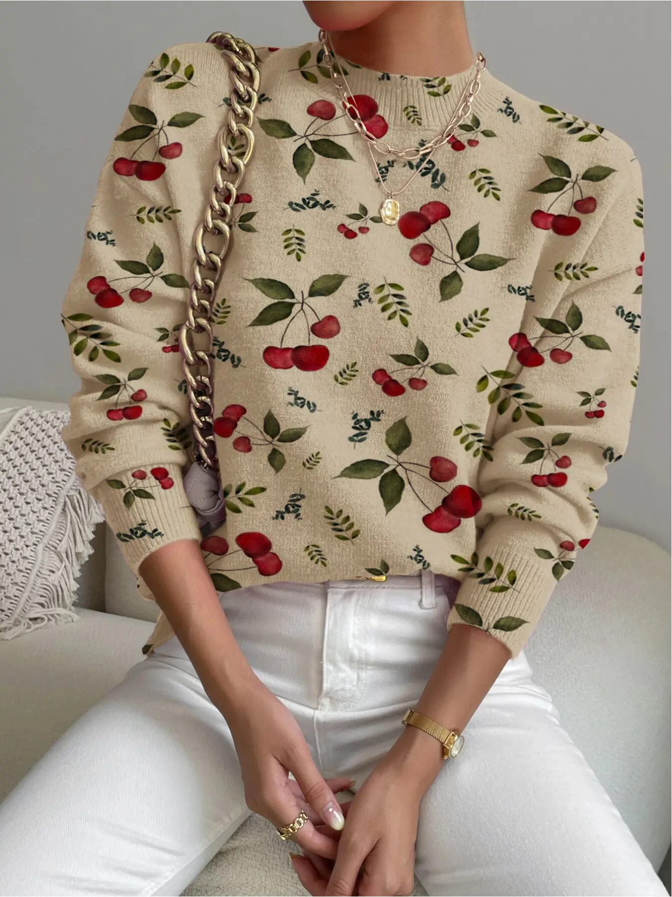 Women's Cherry Fruit Print Stand Collar Fitted Aesthetic Sweater, Fall Winter Casual Long Sleeve Knitwear Tops, Comfortable Warm Daily Wear Womenswear