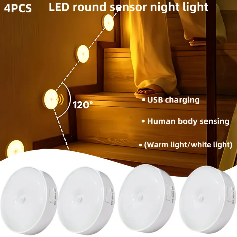 4-pack white round motion sensor lights, rechargeable, equipped with a night sports sensor and an LED magnetic night light function, suitable for bedroom bedside, wardrobes, kitchens, stairs, hallways, offices, dormitories, and other lighting areas.