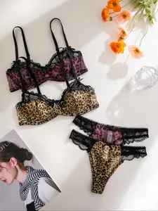 Women's Leopard Print Bow Lace Patchwork Underwire Thong Panties Set, Elegant Comfortable Seamless Lingerie for Daily Wear & Sleepwear Underwear Sets, Bra Sets