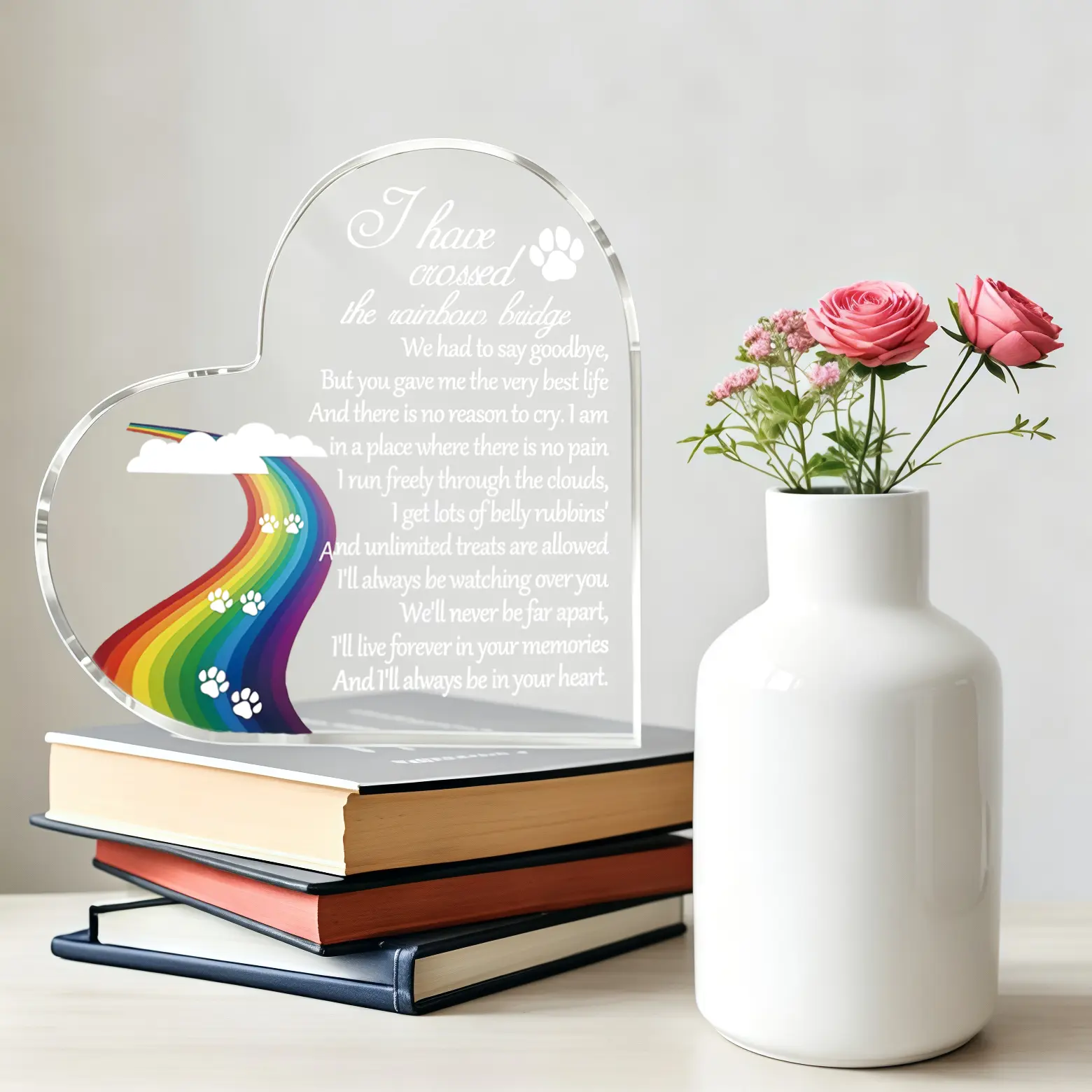 Heart Shaped Flat 2D Acrylic Tabletop Plaque, Rainbow Bridge Paw Print Pet Bereavement Memorial Desk Sign, Sympathy Remembrance Gift for Loss of Dog Cat for Christmas Thanksgiving Pet Memorial Day