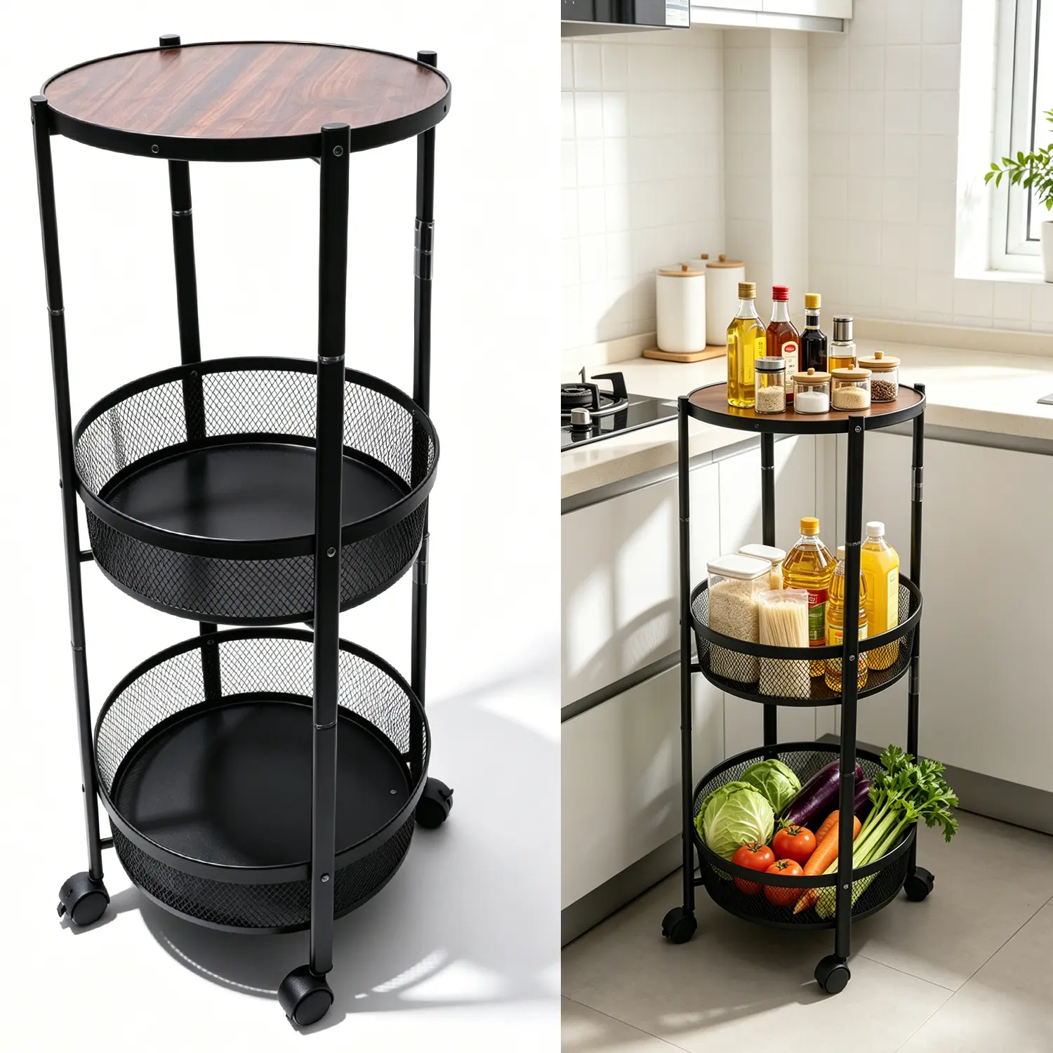 Foldable 3 Tier Rolling Storage Cart, No Install Mobile Mesh Organizer Rack with Brake Wheels, Multi-Space Storage Trolley for Indoor & Outdoor Use