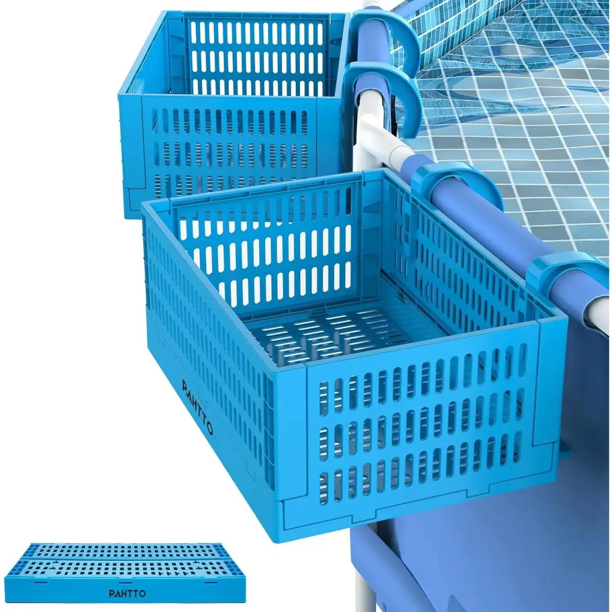 XL Poolside Storage Basket 2pcs, Foldable Above Ground Pool Storage Basket for Pool Toys, Towels, Beverages, Poolside Organizer, Pool Accessories for Above Ground Swimming Pool, Blue