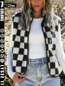 2026 Ins style checkerboard plush vest women's autumn and winter outerwear short style Casual shoulder retro square grid loose vest jacket top Womenswear