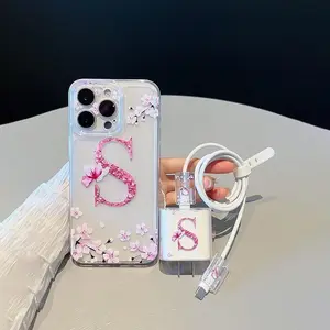 Initials Letter S Pattern Phone Case with Charger Saver & Cable Protector & Storage Bag & Phone Chain, Anti-drop Cellphone Protective Case for iPhone