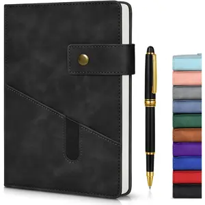 Lined Journal Notebook with Pen, A5 Personalized Hardcover Leather Journal for Men Women, 200 Pages 100 GSM Thick Paper College Ruled Notebooks for Work Travel School Writing Diary 5.9" X 8.4" Black