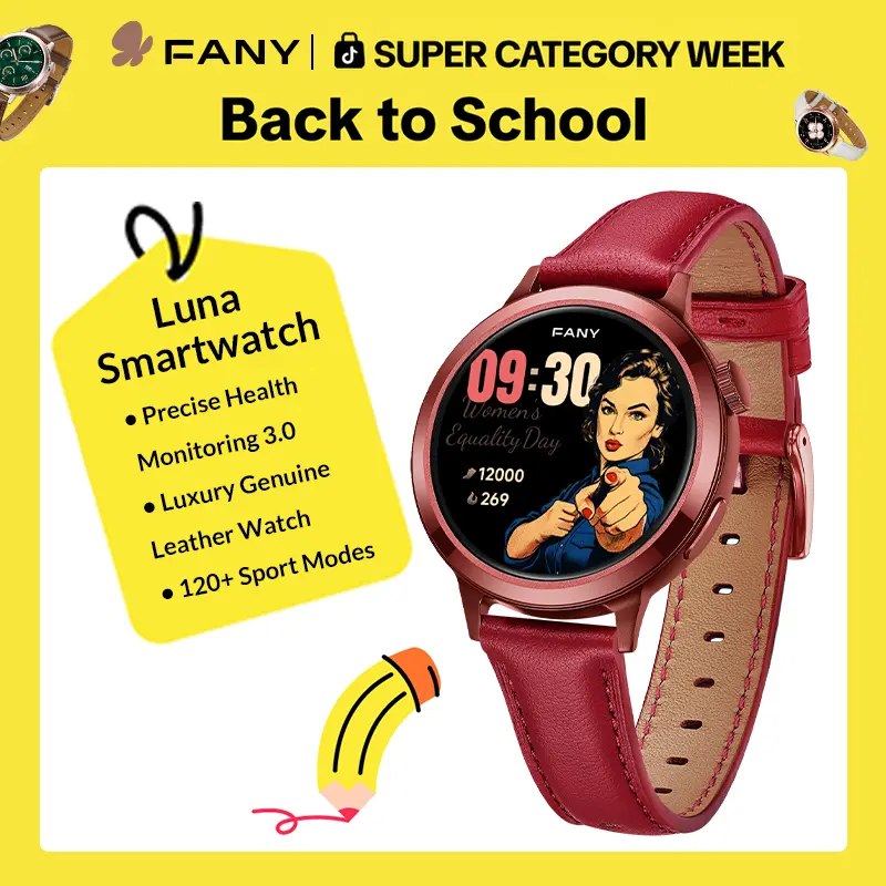 FANY Luna Women's Smartwatch - AMOLED Display, 110+ Sport Modes (Including Running), Fitness Tracker with Heart Rate, Sleep & SpO2 Monitor, 7-Day Battery, Waterproof, Bluetooth, Android Compatible, Leather Option, Ultra-Sleek Lightweight Round Wearable su