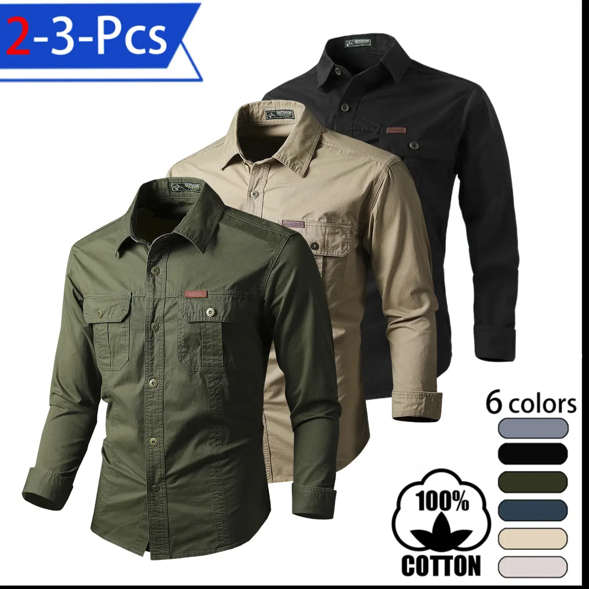 Men’s multi-pocket outdoor work shirt jacket set — vintage casual long-sleeve top with pockets, minimalist solid-color cargo design; new for spring/summer/autumn; quick-dry long-sleeve men’s shirt jacket for outdoor leisure and sports.