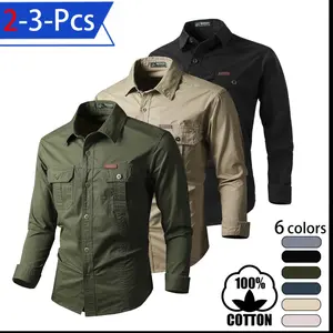 Men’s multi-pocket outdoor work shirt jacket set — vintage casual long-sleeve top with pockets, minimalist solid-color cargo design; new for spring/summer/autumn; quick-dry long-sleeve men’s shirt jacket for outdoor leisure and sports.