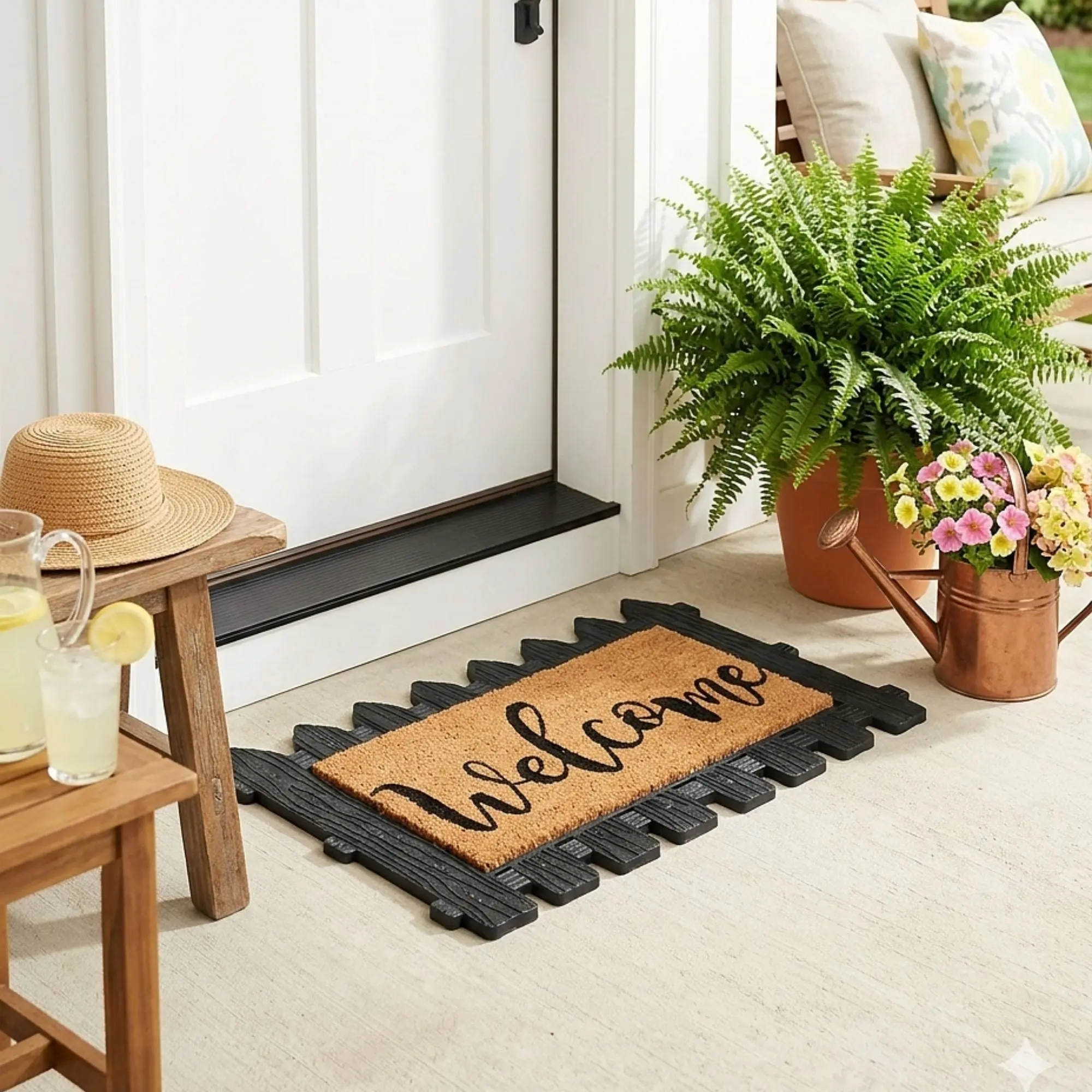 Rustic Farmhouse Welcome Doormat with Rubber Tray Base | Wood-Look Frame & Coir Insert