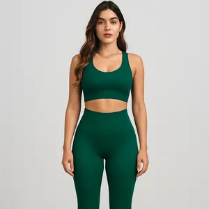 ITS_PERF Women's 2-Piece Set Ribbed Seamless Crop Tank & High-Waist Yoga Leggings for Summer Fitness in Green - Comfortable & Functional Workout Attire with Tummy Control & Moisture-Wicking Fabric