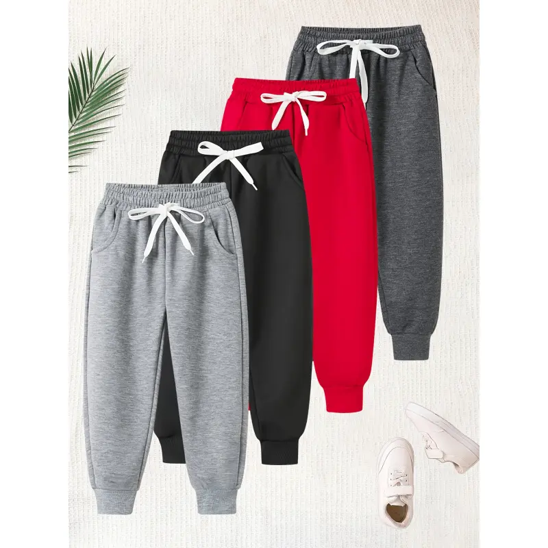 Boys' 4-Piece Sporty Running Sweatpants - 5-6y,11-12y,13-14y, Adjustable Elastic Waistband, Pockets, Soft Stretchy Blend, Casual Athletic Bottoms for Spring/Summer/Fall, Outdoor Play, Available in Black,Gray,Red,Dark Gray-HAN, Kids Outdoor Play, Sporty Ch