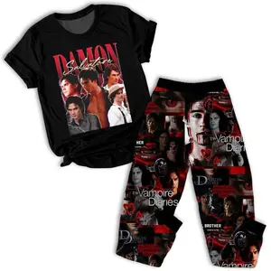 Salvatore Brothers Pajamas Set Vampire Diaries Cozy Xmas Gift for Him or Her 3D Cotton T-Shirt & Cotton-Blend Sweatpants Movie Fan